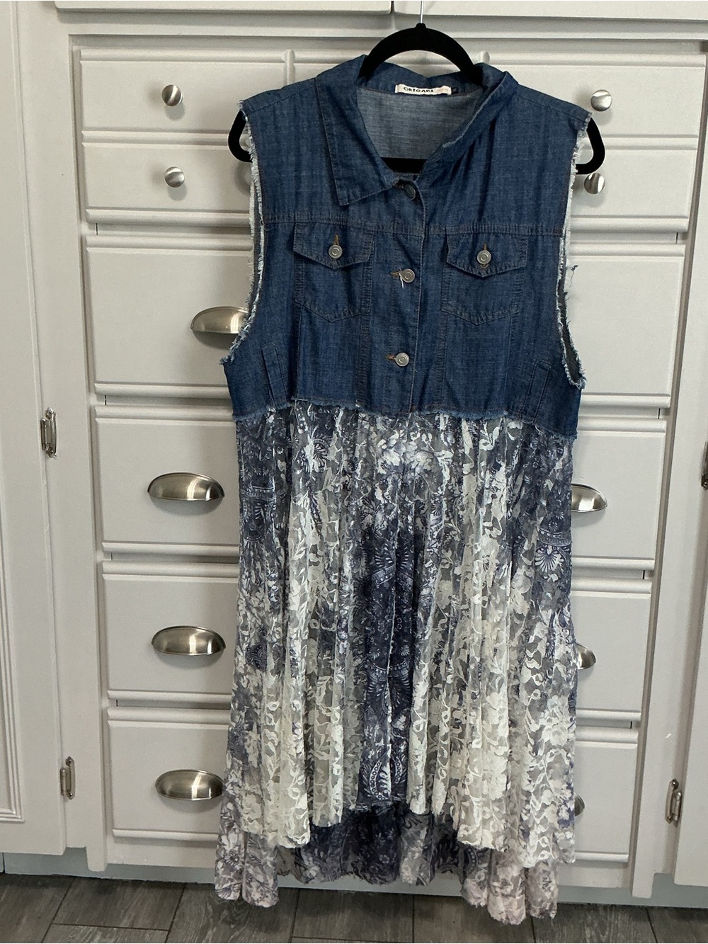 ORIGAMI by Vivian Denim and Lace Button Up Tunic Vest Duster Boho Chic L/XL - Picture 3 of 12